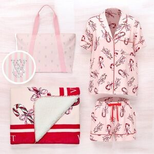 🎀🆕Victoria’s Secret Candy Cane 3-Piece Pajama Set + Tote & Blanket NWT Sz L